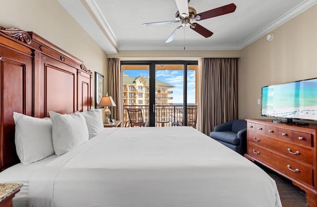 bedroom featuring access to exterior, dark wood-style flooring, ornamental molding, and ceiling fan