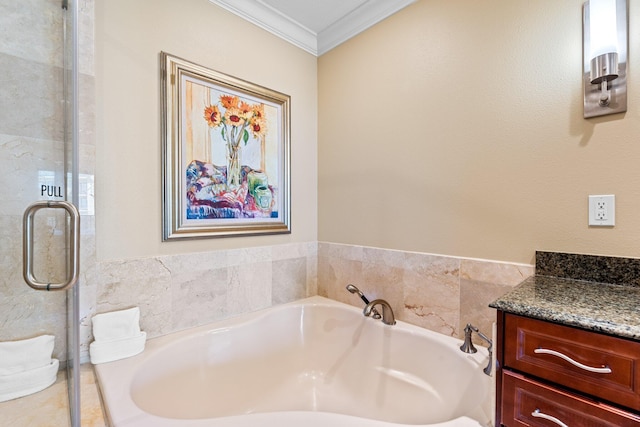 full bath featuring a shower with shower door, a garden tub, crown molding, and vanity