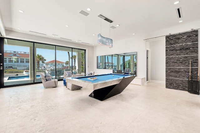 playroom featuring baseboards, billiards, and recessed lighting