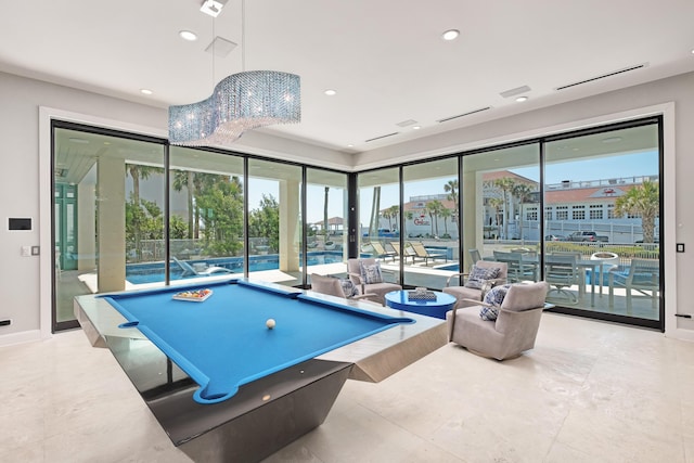 playroom featuring pool table, baseboards, and recessed lighting