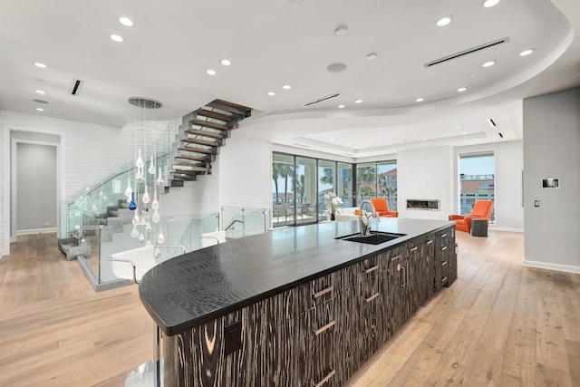 kitchen featuring a wealth of natural light, a sink, and light wood finished floors