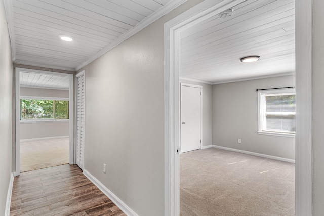 corridor with baseboards, crown molding, and carpet flooring