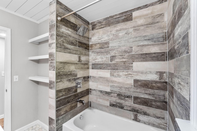 full bathroom featuring ornamental molding, bathing tub / shower combination, and baseboards