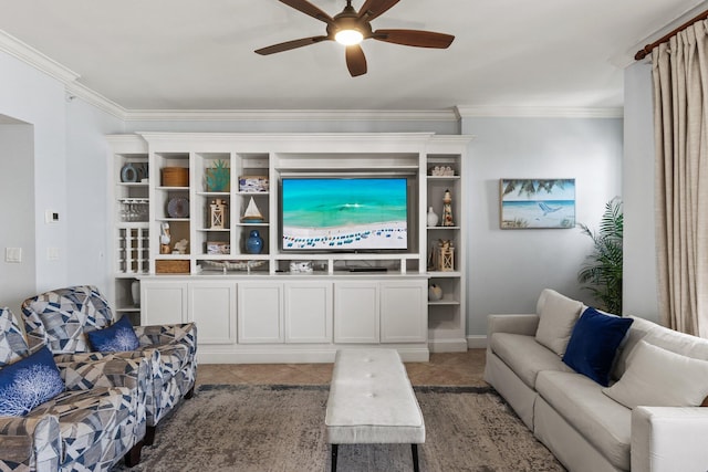 living room featuring light tile patterned floors, ceiling fan, and ornamental molding