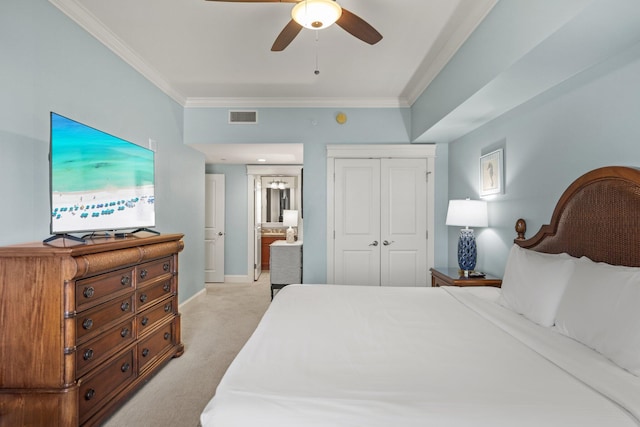 bedroom featuring visible vents, ornamental molding, baseboards, and light colored carpet