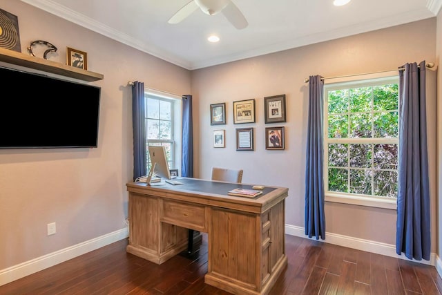 unfurnished office with baseboards, dark wood finished floors, ceiling fan, crown molding, and recessed lighting