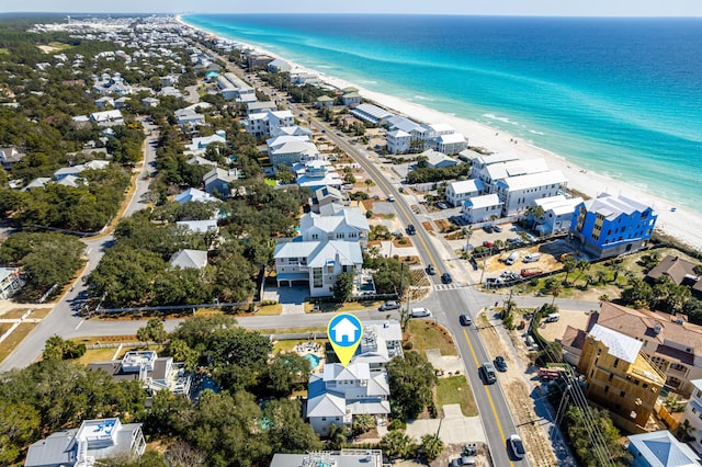 aerial view featuring a water view and a view of the beach