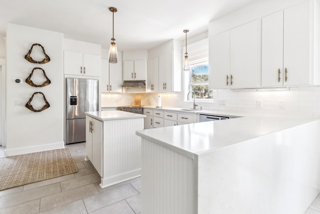 kitchen with appliances with stainless steel finishes, a sink, under cabinet range hood, and tasteful backsplash