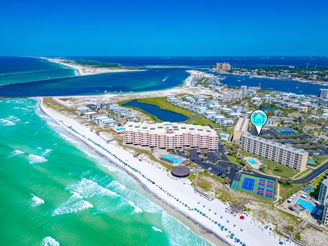 drone / aerial view with a view of city, a beach view, and a water view