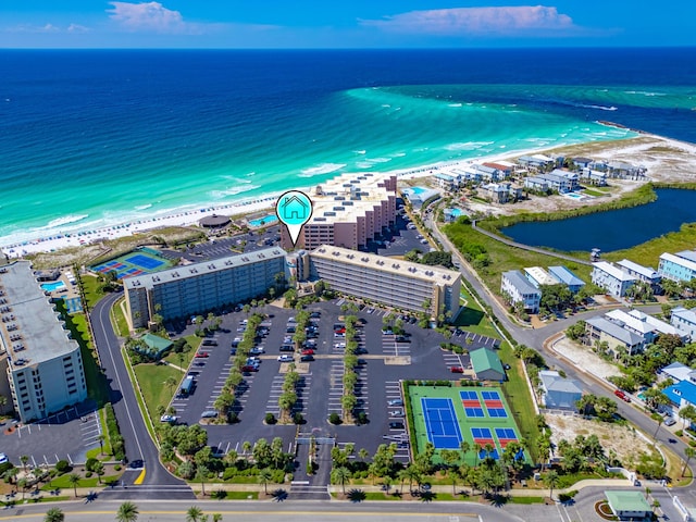 bird's eye view with a view of the beach and a water view