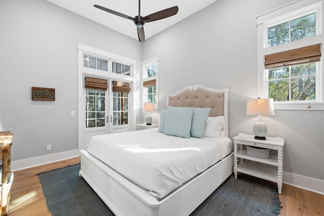 bedroom featuring multiple windows, wood finished floors, and baseboards