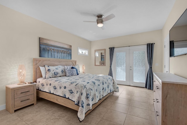 bedroom featuring access to outside, french doors, light tile patterned flooring, and a ceiling fan