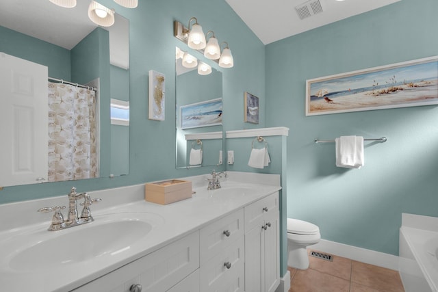 full bath with visible vents, a sink, toilet, and tile patterned floors