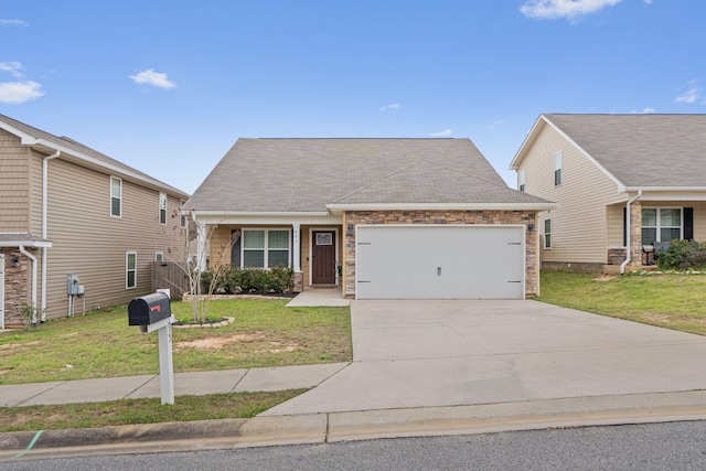 view of front of property with a front yard, an attached garage, stone siding, and concrete driveway