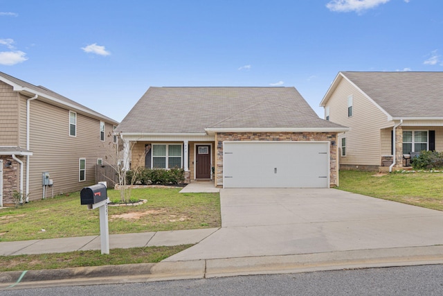 view of front of home featuring a garage, driveway, a front lawn, and stone siding