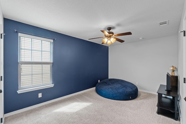 misc room with a textured ceiling, visible vents, and carpet flooring