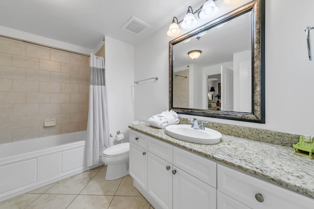 bathroom with visible vents, shower / bathtub combination with curtain, toilet, vanity, and tile patterned flooring