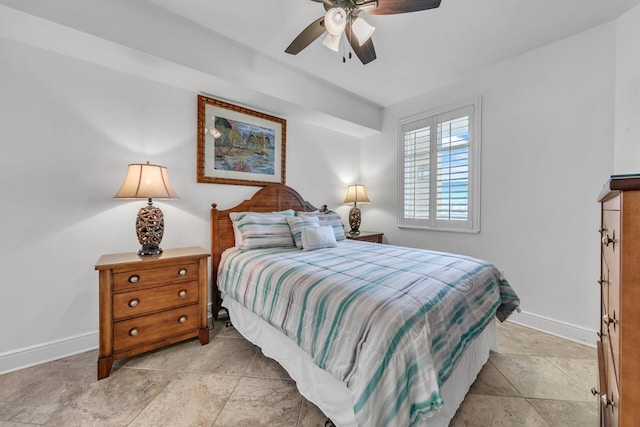 bedroom with a ceiling fan and baseboards