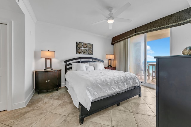 bedroom with baseboards, a ceiling fan, ornamental molding, access to exterior, and light tile patterned flooring