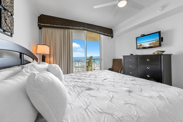 bedroom with access to exterior, a ceiling fan, and crown molding