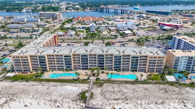 bird's eye view with a water view and a city view