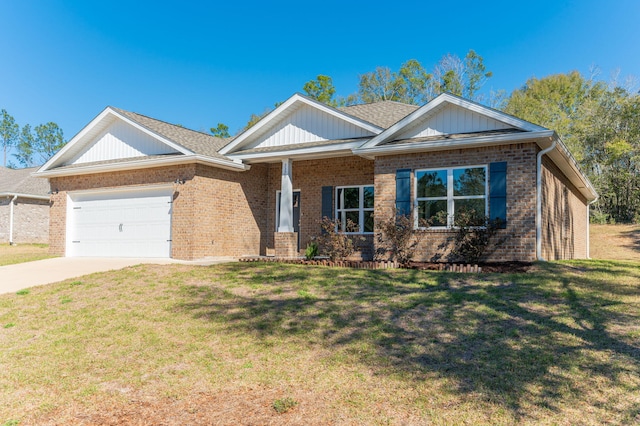 craftsman inspired home with brick siding, roof with shingles, an attached garage, driveway, and a front lawn