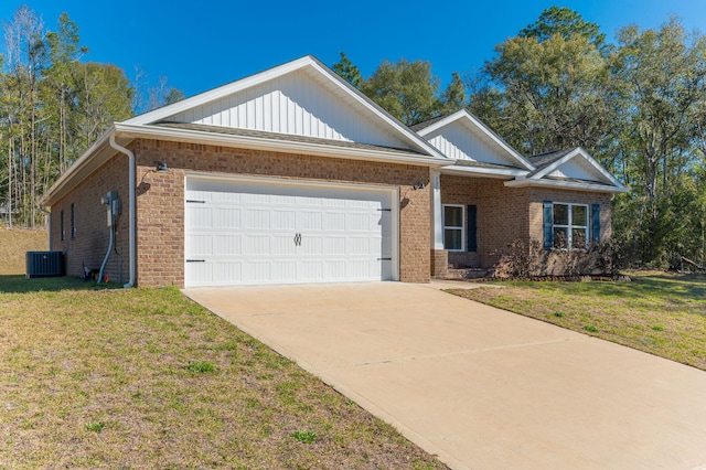 single story home with brick siding, concrete driveway, central AC unit, a garage, and a front lawn