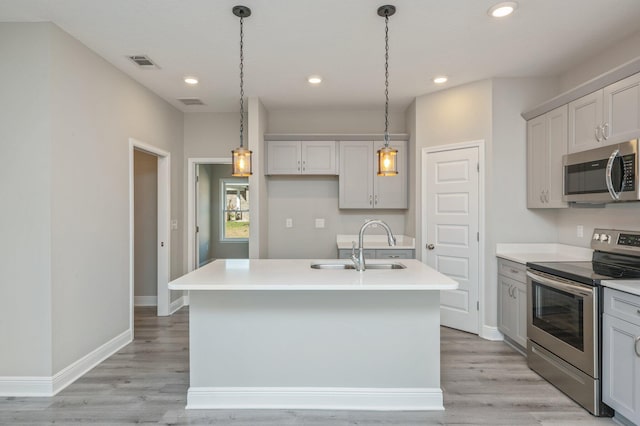 kitchen with a kitchen island with sink, a sink, visible vents, appliances with stainless steel finishes, and light wood finished floors