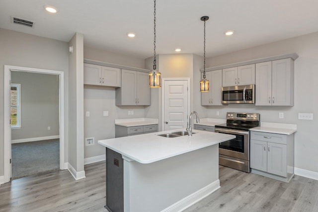 kitchen with visible vents, an island with sink, appliances with stainless steel finishes, light countertops, and a sink