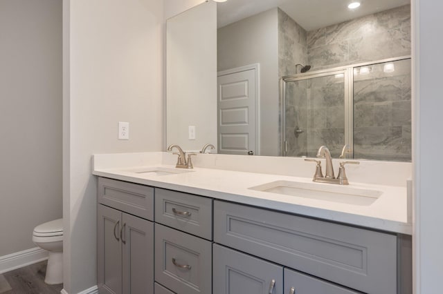 full bathroom featuring a sink, a shower stall, toilet, and double vanity