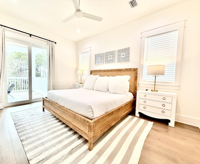 bedroom with a ceiling fan, baseboards, visible vents, light wood finished floors, and access to exterior