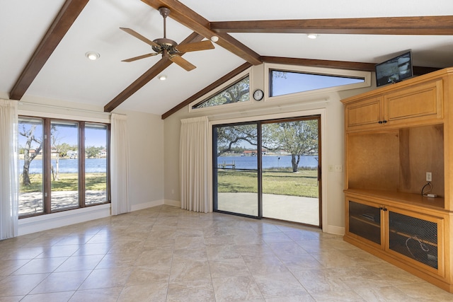 unfurnished living room featuring vaulted ceiling with beams, recessed lighting, baseboards, and ceiling fan