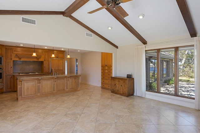 unfurnished living room featuring visible vents, beam ceiling, high vaulted ceiling, and ceiling fan