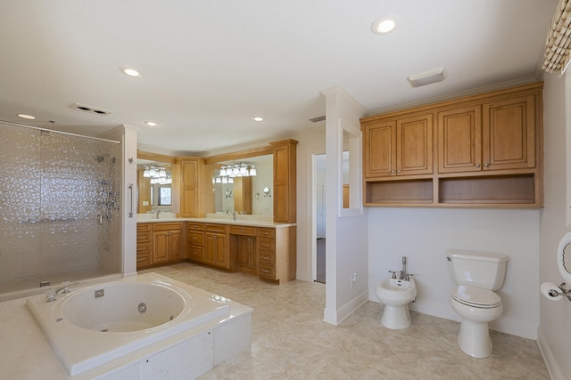 bathroom with a shower stall, a jetted tub, toilet, a bidet, and vanity