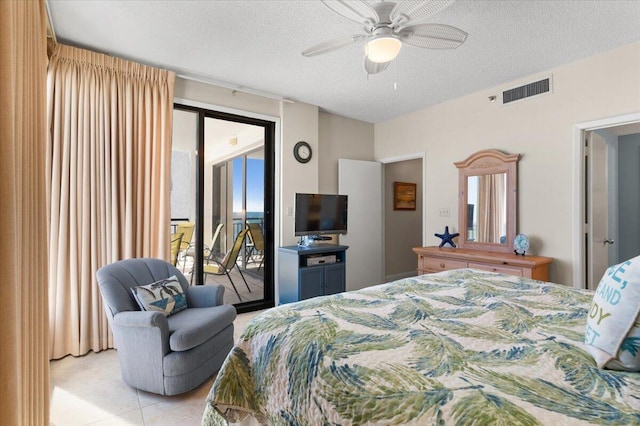 bedroom featuring a textured ceiling, access to outside, ceiling fan, and visible vents