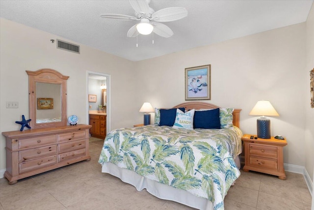 bedroom featuring light tile patterned floors, a textured ceiling, a ceiling fan, visible vents, and baseboards