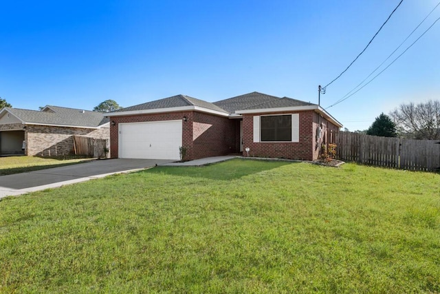 ranch-style home featuring driveway, brick siding, an attached garage, and a front yard