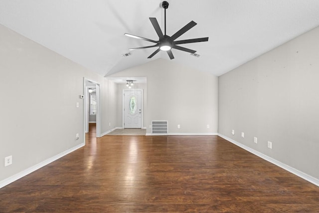 unfurnished living room with visible vents, a ceiling fan, vaulted ceiling, and wood finished floors