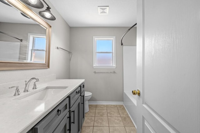 full bathroom featuring tile patterned flooring, toilet, visible vents, vanity, and baseboards