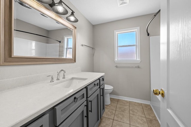 bathroom with a shower, visible vents, toilet, vanity, and tile patterned floors