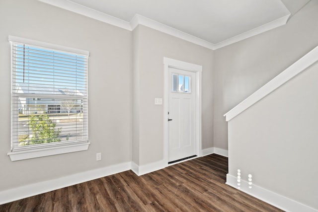 foyer with dark wood-style floors, a wealth of natural light, and crown molding