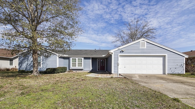 ranch-style house with concrete driveway, an attached garage, and a front yard