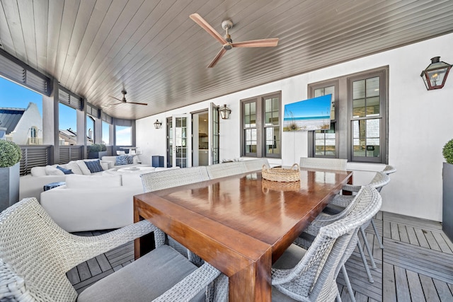 sunroom / solarium featuring wooden ceiling and a ceiling fan