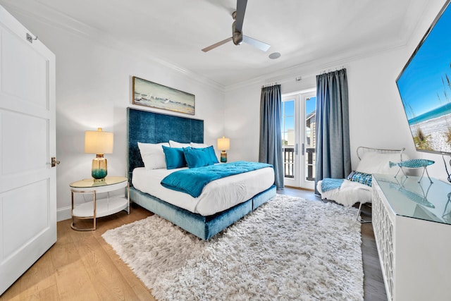 bedroom with ceiling fan, access to outside, wood finished floors, and crown molding