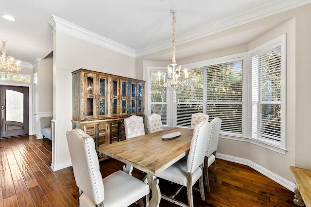 dining area featuring a chandelier, ornamental molding, dark wood-style flooring, and baseboards