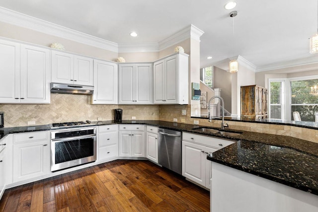 kitchen featuring under cabinet range hood, appliances with stainless steel finishes, backsplash, and a sink