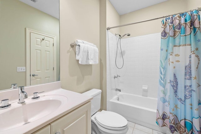 full bath with tile patterned flooring, shower / tub combo with curtain, vanity, and toilet