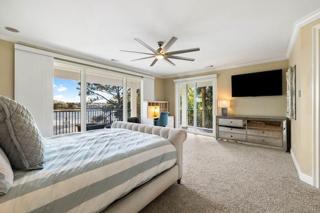 bedroom with carpet floors, visible vents, baseboards, access to outside, and crown molding