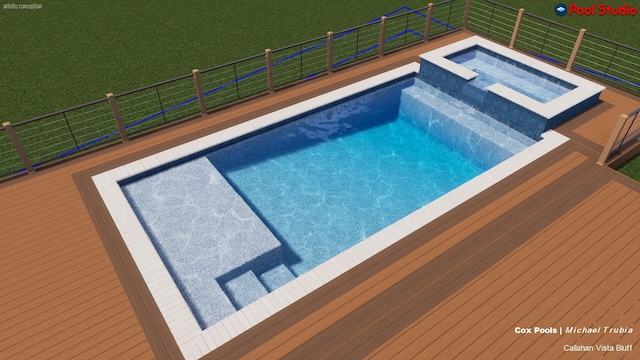 view of swimming pool with a pool with connected hot tub and a wooden deck