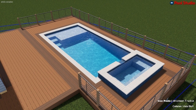 view of swimming pool with a pool with connected hot tub and a wooden deck